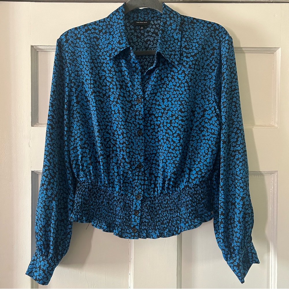 Who What Wear Blue Patterned Blouse
